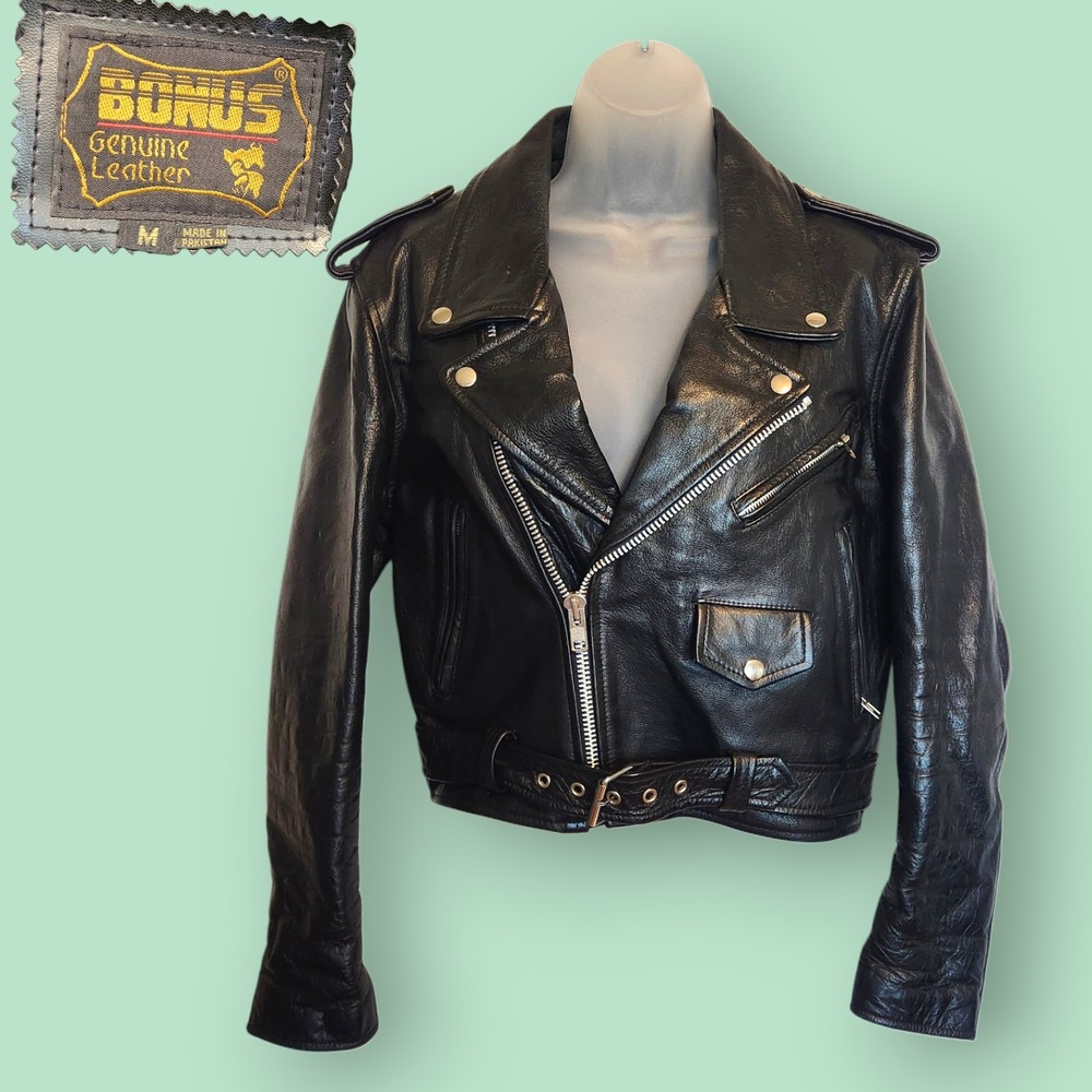 Vintage 80s 90s BONUS Genuine Leather Biker Jacket Medium Black Motorcycle Moto